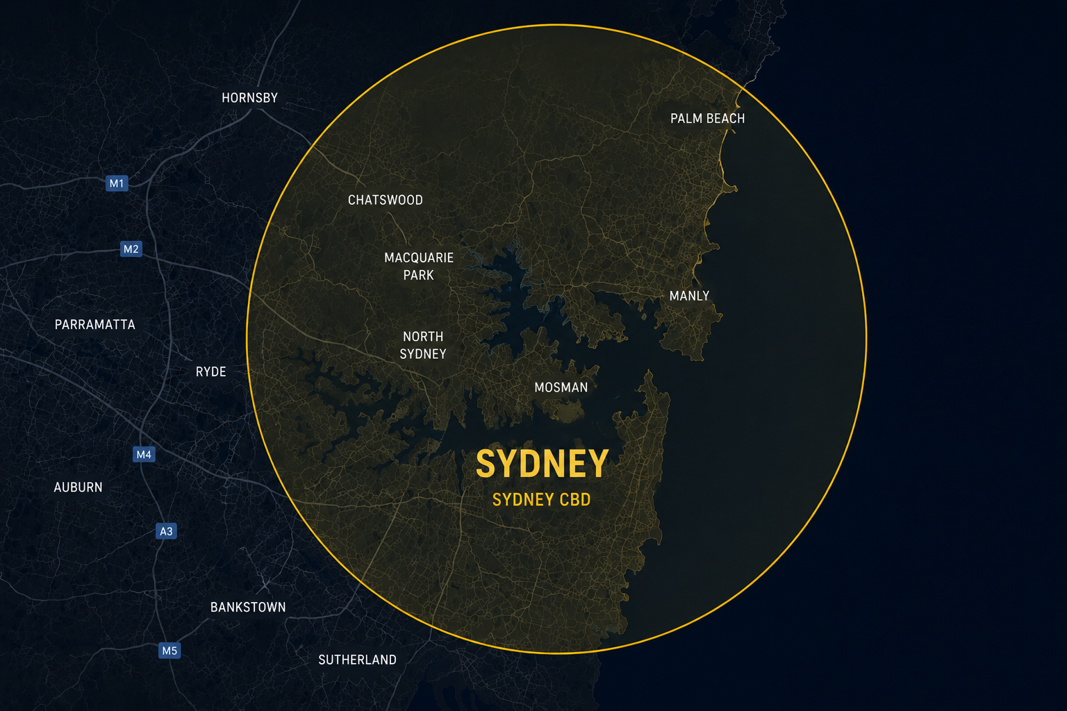 Service area map: a highlighted radius covering Sydney CBD, North Shore and Northern Beaches